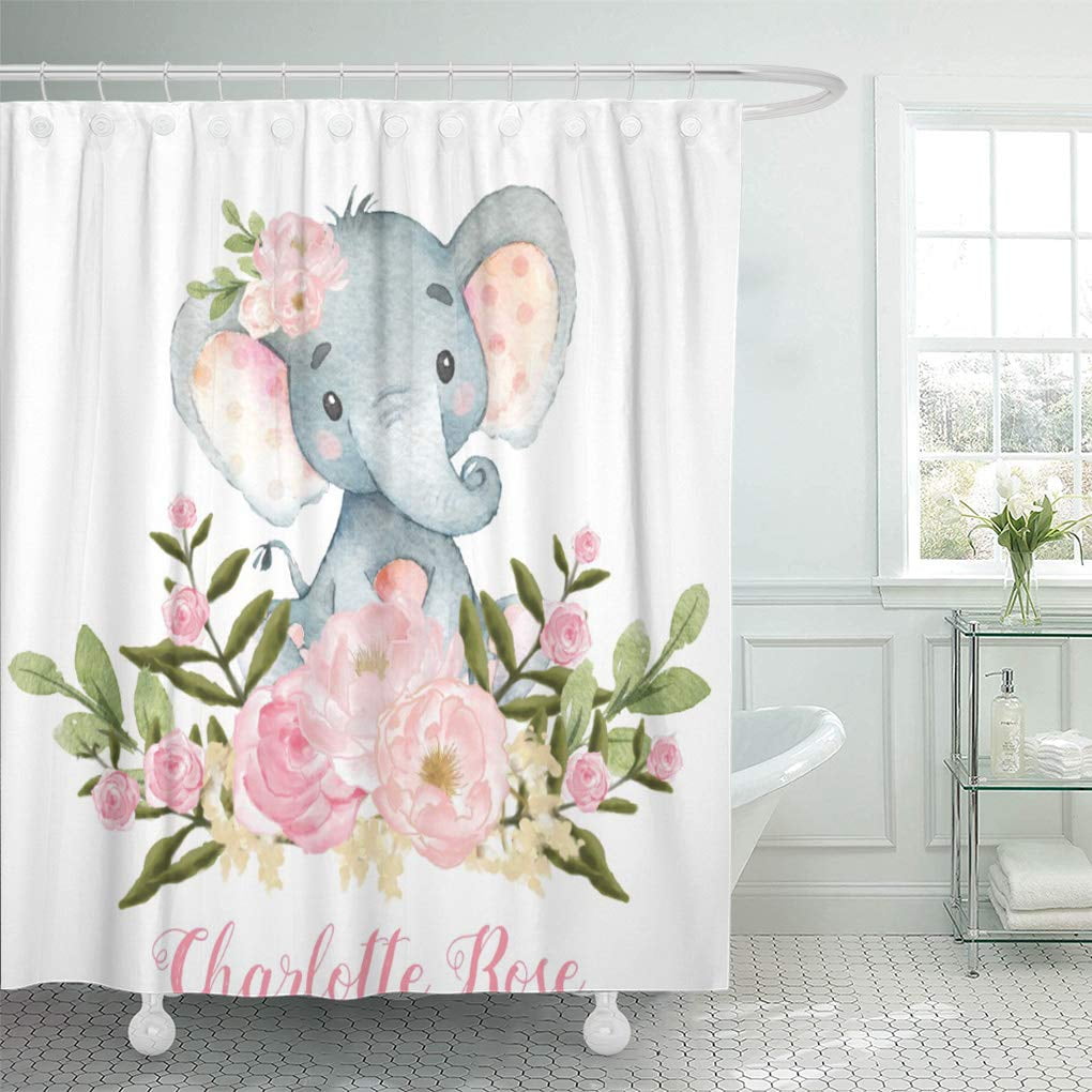 SUTTOM Floral Elephant Pink Flowers Baby Girl Nursery Pastel Room Shower Curtain 60x72 inch ...