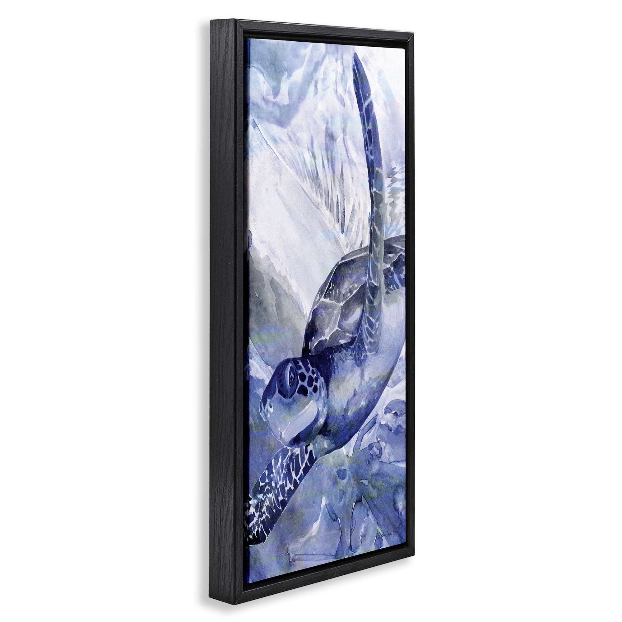 Stupell Industries Sea Turtle Swimming In Ocean Animals & Insects Painting Black Floater Framed Canvas Art Print Wall Art, 11 x 25