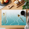 thumbnail image 2 of Aqua Blue Geometric Placemats Set of 6, Modern White Stripe Distortion Art Placemats for Dining Table, Place Mats for Kitchen Tabletop, Waterproof Wipeable Dining Table Mats Set, 2 of 9
