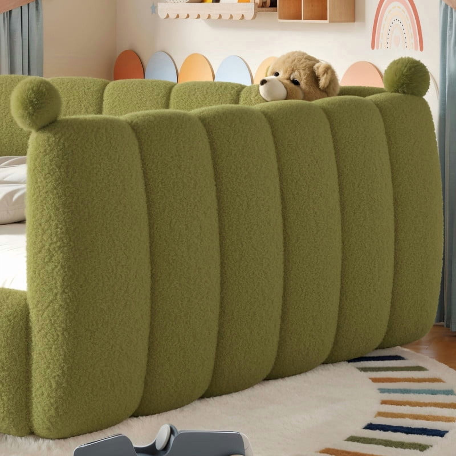 Howcool Montessori Upholstered Floor Bed,Queen Size Low Toddler Bed with Full Surround Safety Rails, Green