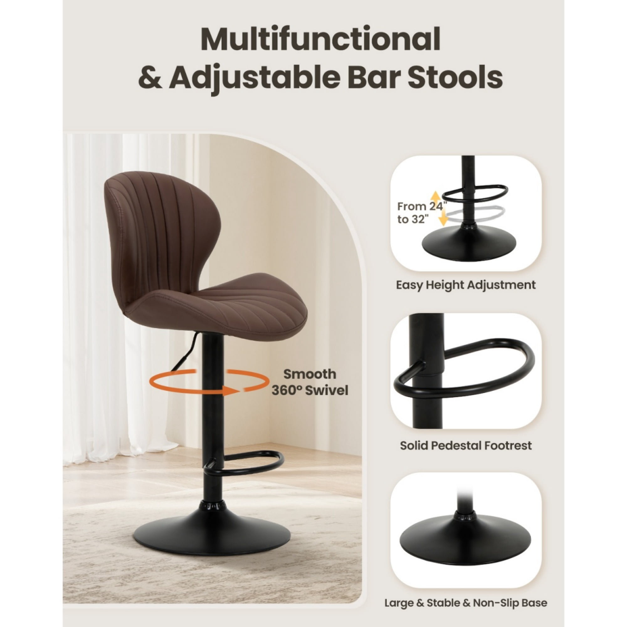 EOP Swivel Bar Stools Set of 2, Modern Upholstered Adjustable Height Counter Stools with Footrest, Faux Leather Upholstered BarStools with Metal Frame, Bar Chairs with Backrest, Brown