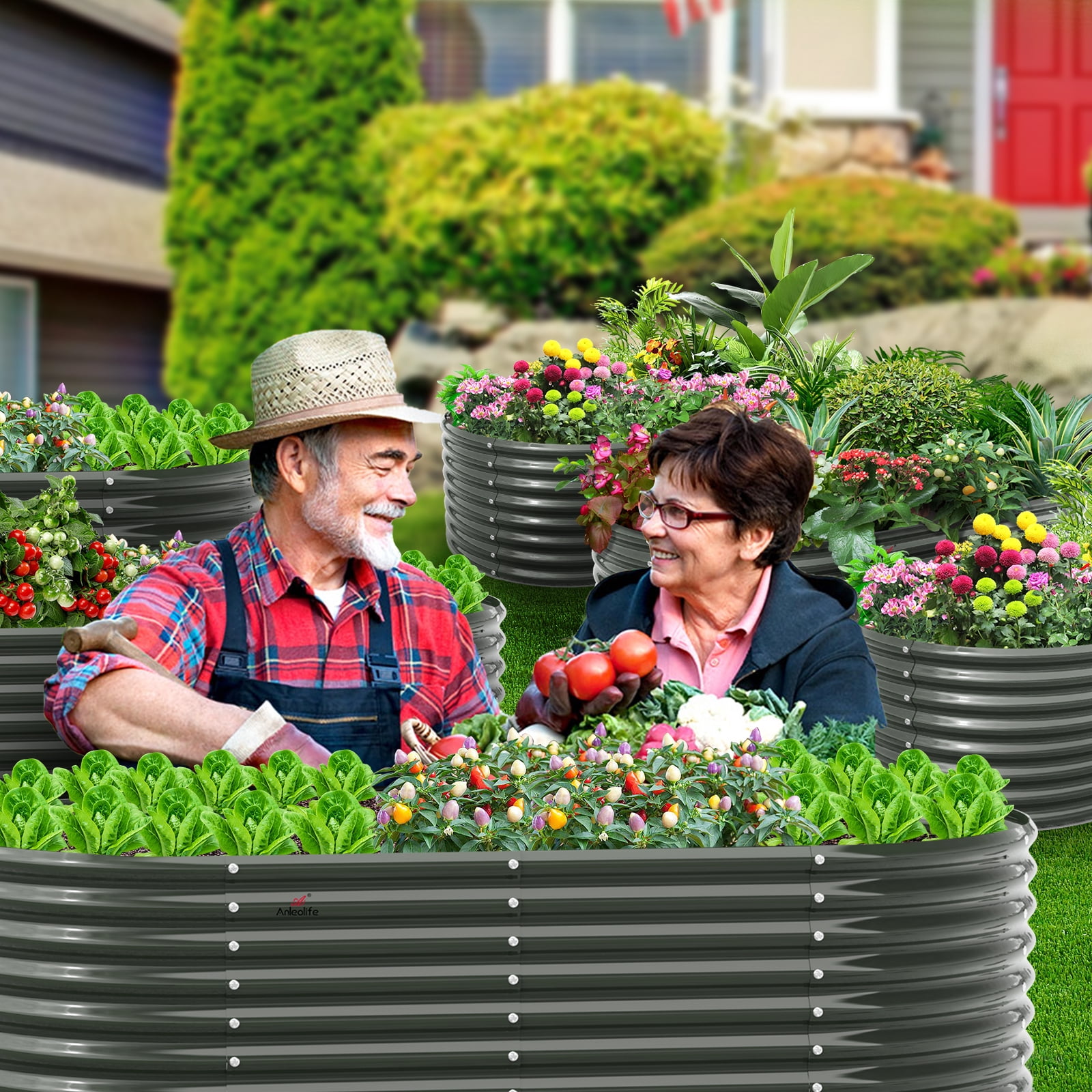 Set of 6: 8x4x2ft Oval Modular Metal Raised Garden Beds (Grey)