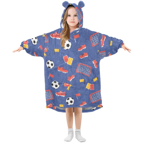 Football Match Pattern Wearable Blanket Hoodie Oversized Flannel Soft Warm Cozy 3-14 Age Small