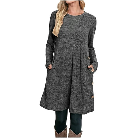 

Juebong Fashion Women Autumn O-Neck Solid Loose Comfy Long Sleeve Pocket Button Dress