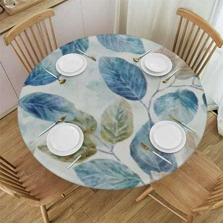 

Ullo0ord Green Grey Eucalyptus Table Cloth Round Fitted Tablecloths with Elastic Edge Fall Botanical Floral Leaves White Wipeable Waterproof Table Cover for Kitchen Wedding 42 -46
