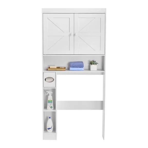 67.4 Inch White Storage Cabinet with Adjustable Shelves for Bathroom or Laundry Room Placement Above Toilet