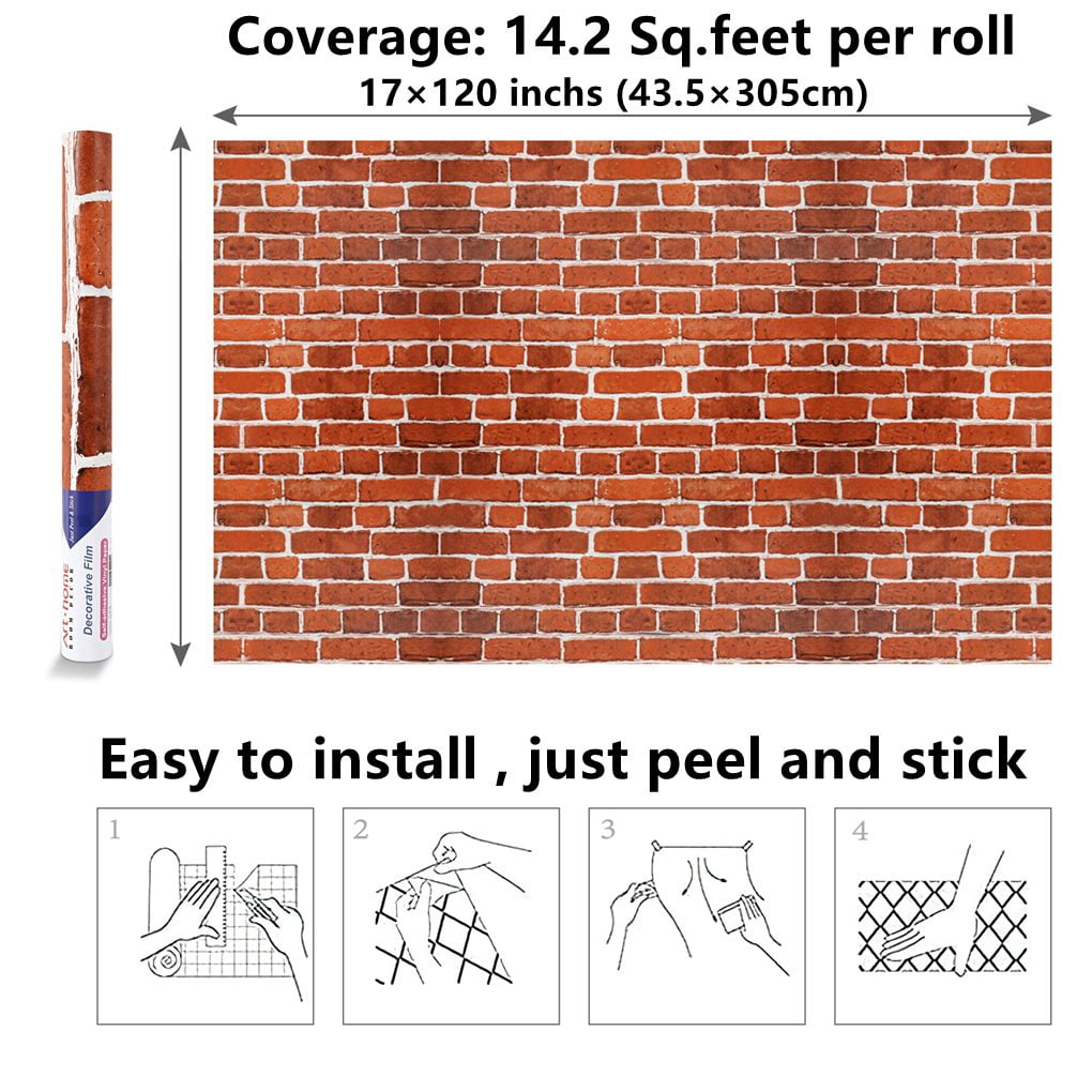 Arthome Peel and Stick Brick Wallpaper 17''x120'' Self Adhesive Contact Paper Waterproof Vinyl Film Wall Paper for Room,Fireplace,Stair and Christmas Holiday Decoration(Red)