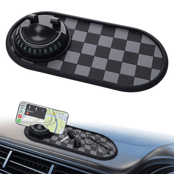 ROSEXIXI Multifunctional Car Dashboard Anti-Slip Mat, Heat Resistant Grid Storage Pad with Rotatable Phone Holder and Parking Number Plate for Car Interior Organization