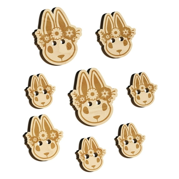 Cute Easter Bunny Rabbit Head with Flower Crown Wood Buttons for Crochet Knitting Sewing DIY Craft - Various Sizes (8pcs)