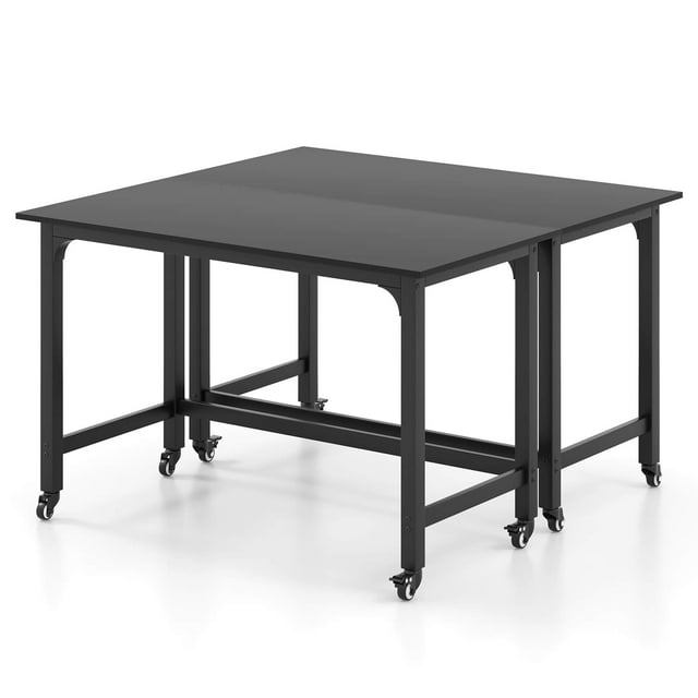 Costway 2 Pcs Bureau d'Ordinateur Roulant Cadre en Métal Table pour PC Portable Dessus en Bois Poste de Travail d'Étude