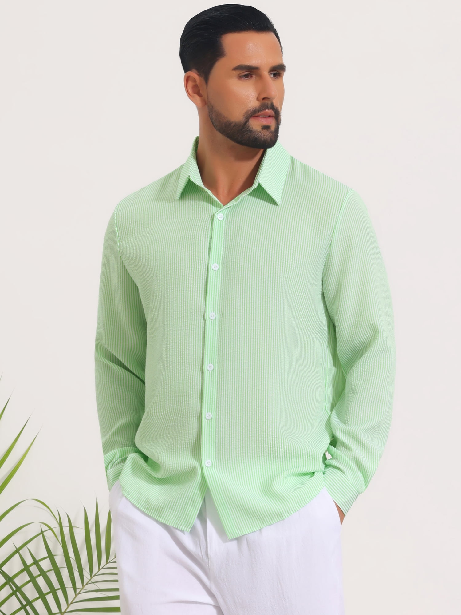 DARING DIVA Men's Seersucker Long Sleeve Button Down Textured Striped Shirts M Green