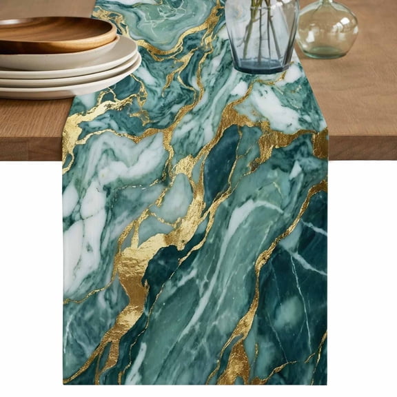 Green Ombre Golden Marble Table Runner, Abstract Marble Crack Washable Cotton Linen Table Runners 72 Inches Long, Dresser Scarf Runner for Dining Tables/TV Stands/Coffee/Cabinets 18''x72''