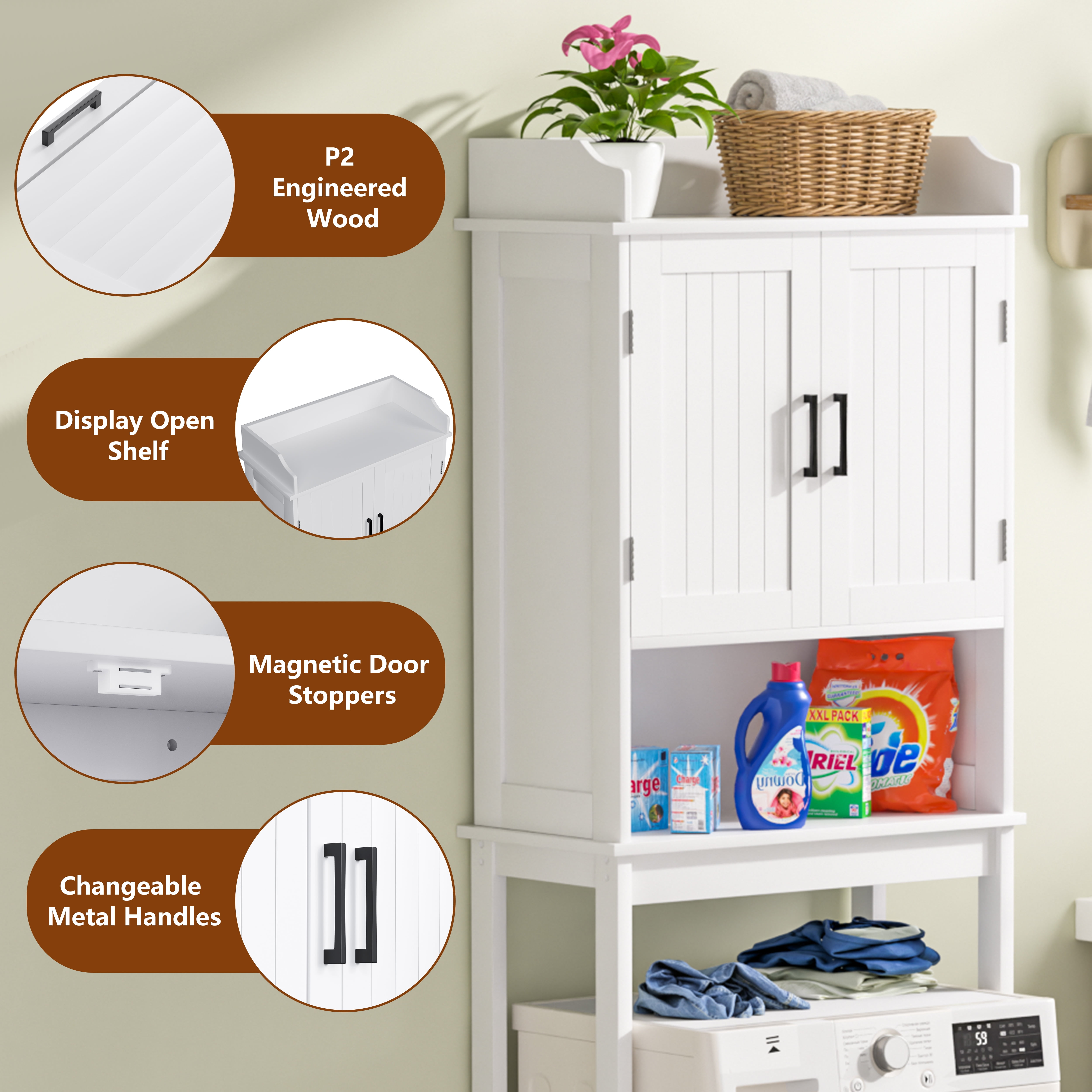VEIKOUS Over the Toilet Storage Cabinet, Bathroom Space Saver W/ Adjustable Shelf & Rack, White