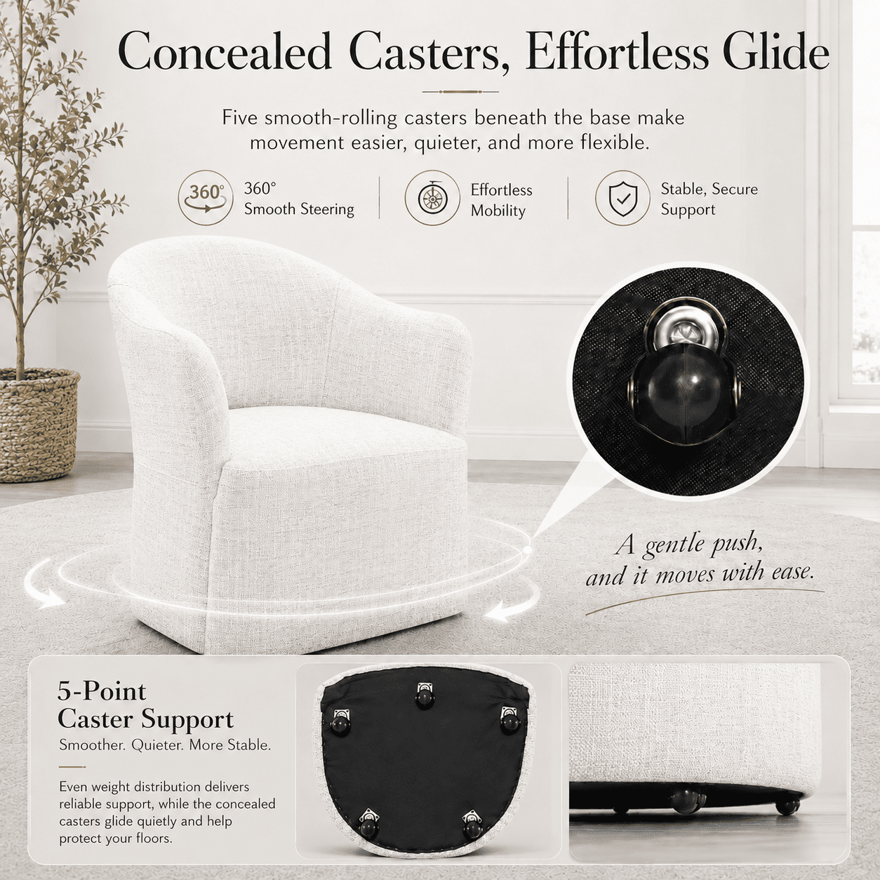 Aenkyo Dining Chair with Casters, Upholstered Barrel Back Rolling Accent Chair, White