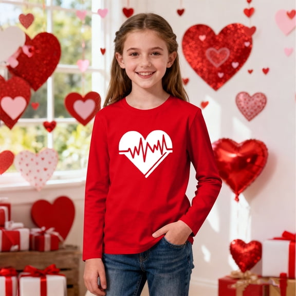 Girls Red Heartbeat Graphic Long Sleeve Shirt | Valentine's Day Kids Top | Soft Polyester Spandex Tee for Girls Ages 3-14 Years,Size 4-5 T