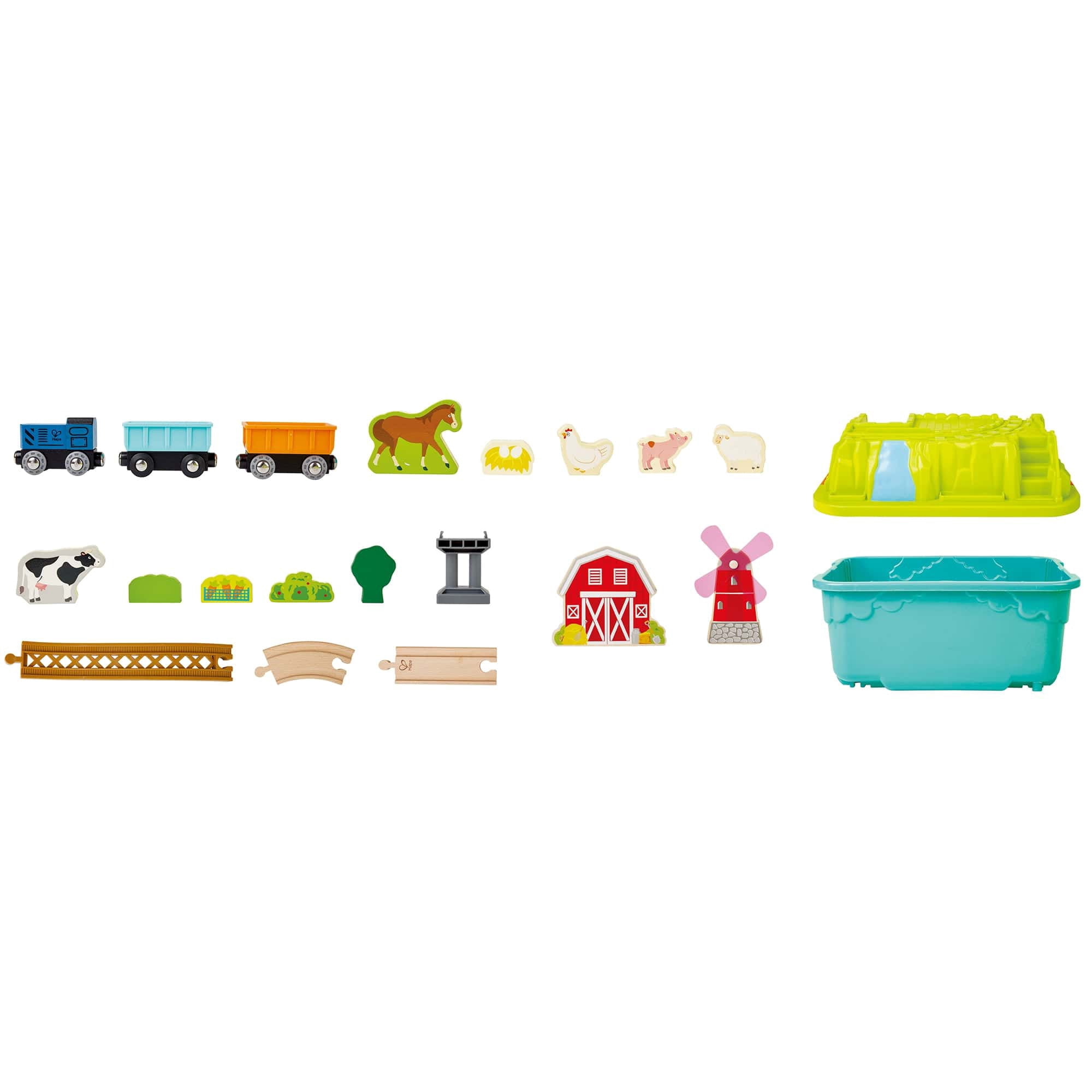 Hape: Farmyard Train Bucket Set - Wooden Train Animal Set, Building Toy, Storage Box, Build A Farm Landscape Around Your Train, Toddlers & Kids Age 3+