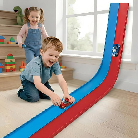Flexible Race Track 15 Ft with 2 Toy Cars, US Certified Safe PVC Material Withstands Repeated Bending, Fits 1:64 Scale Model Cars & Larger (Up to 1:50), Powerful Suction for Window, Table & Door