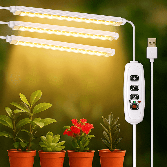 NEWJOEY LED Grow Light Strips 33cm 4 Pack for Indoor Plants & Seedlings, Full Spectrum, 10 Dimmable Levels, 3/9/12H Timer, USB Powered