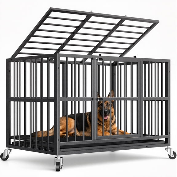 TIME RAY 48 Inch Heavy Duty Dog Crate Cage for Large Dog with Steel Escape Proof, Indoor & Outdoor Double Doors,Lockable Wheels and Removable Tray,Black