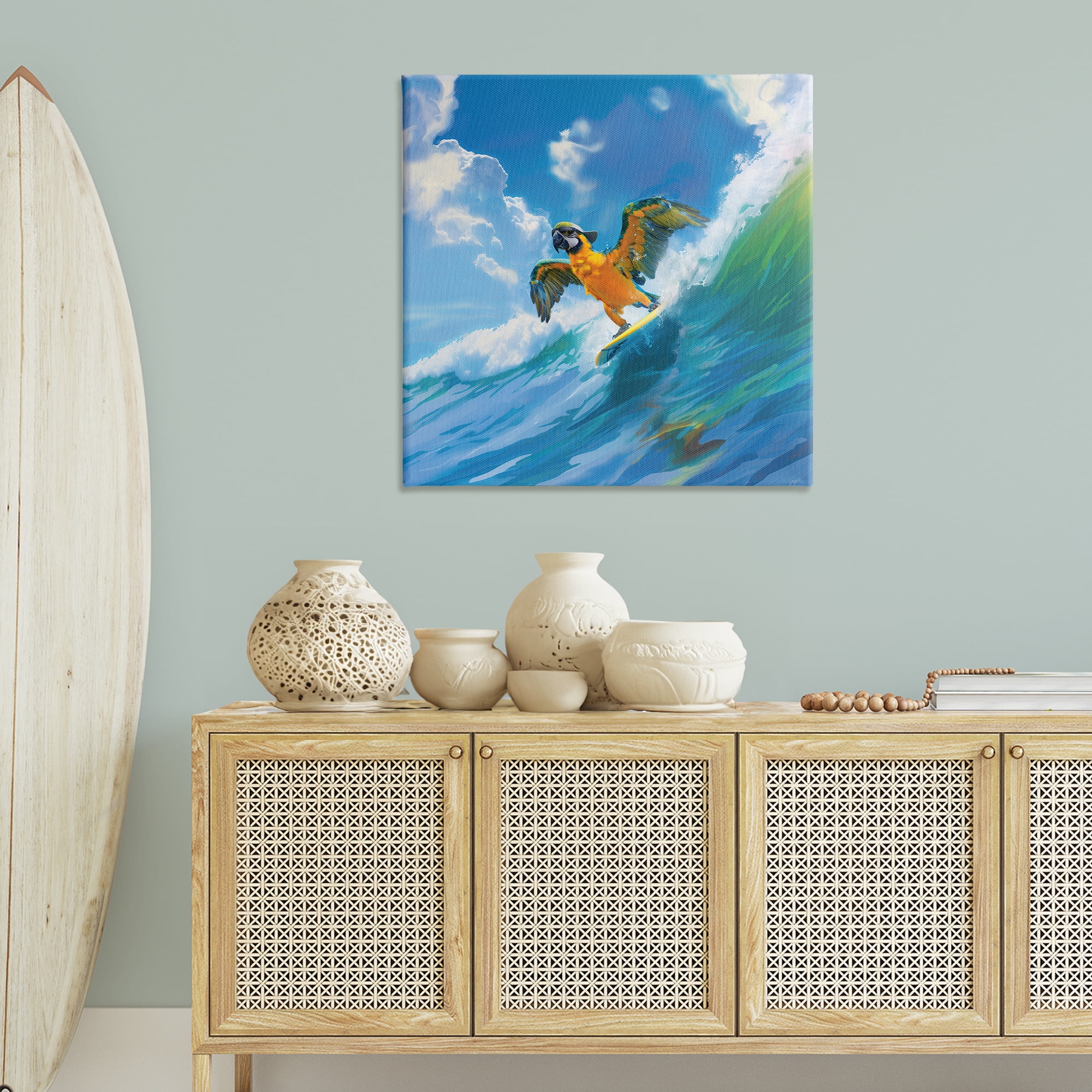Stupell Industries Parrot Surfing Sea Waves Nautical & Beach Painting Wrapped Canvas Art Print Wall Art, 36 x 36