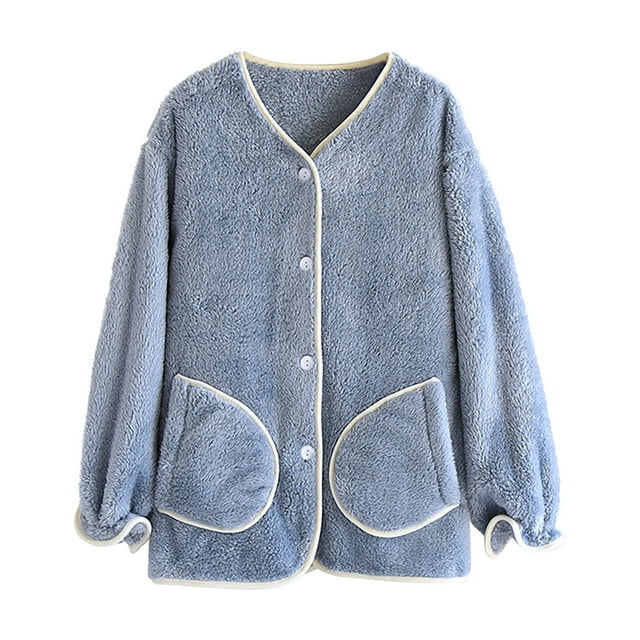 FRSASU Women's Fuzzy Fleece Pajama Tops Button Down Sleepwear Soft Plush Warm Pajamas Fall Winter Coat Jacket with Pockets Light Blue XL(XL)