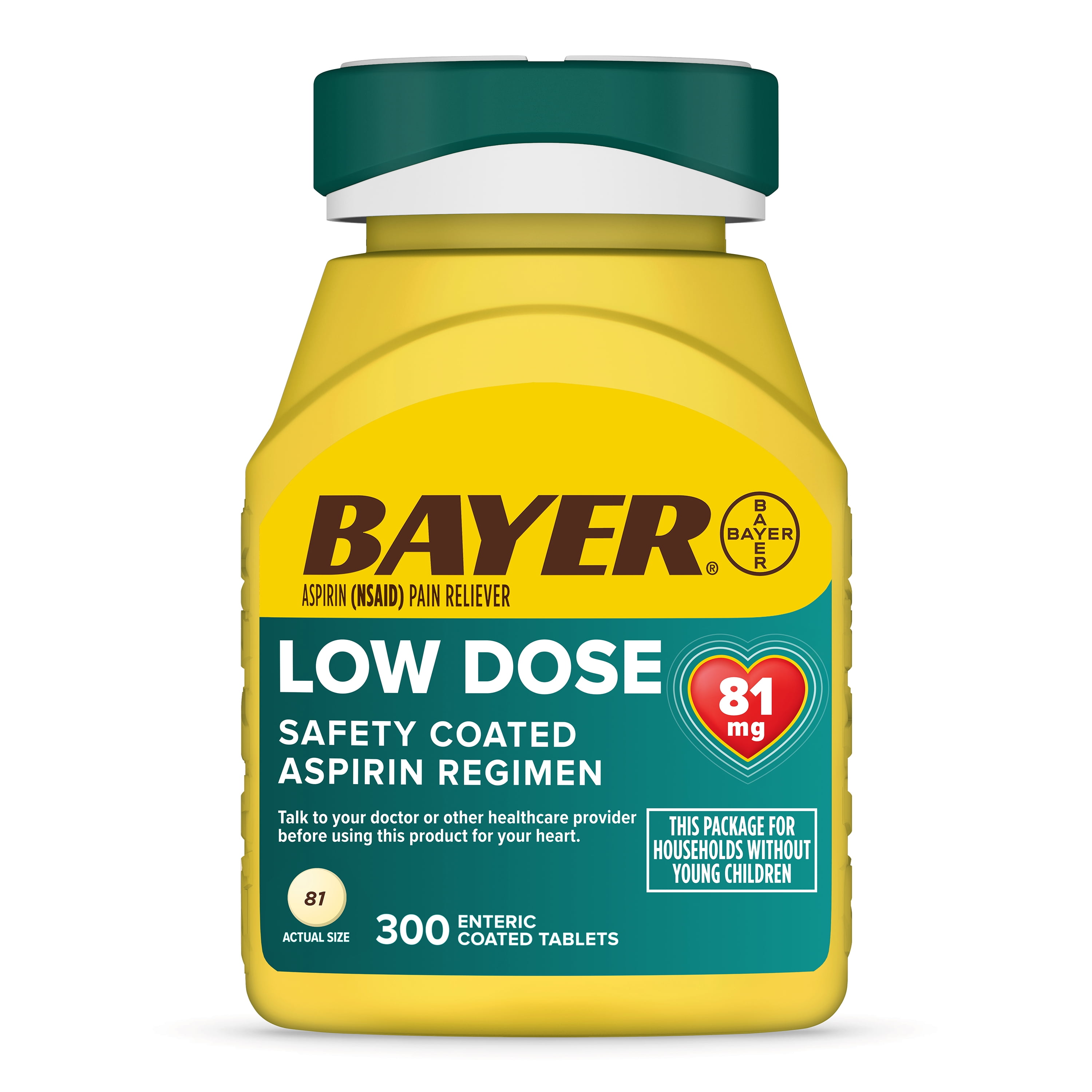 Bayer Aspirin, Low Dose, 81mg, Pain Reliever, Enteric Coated Tablets, 300 Count