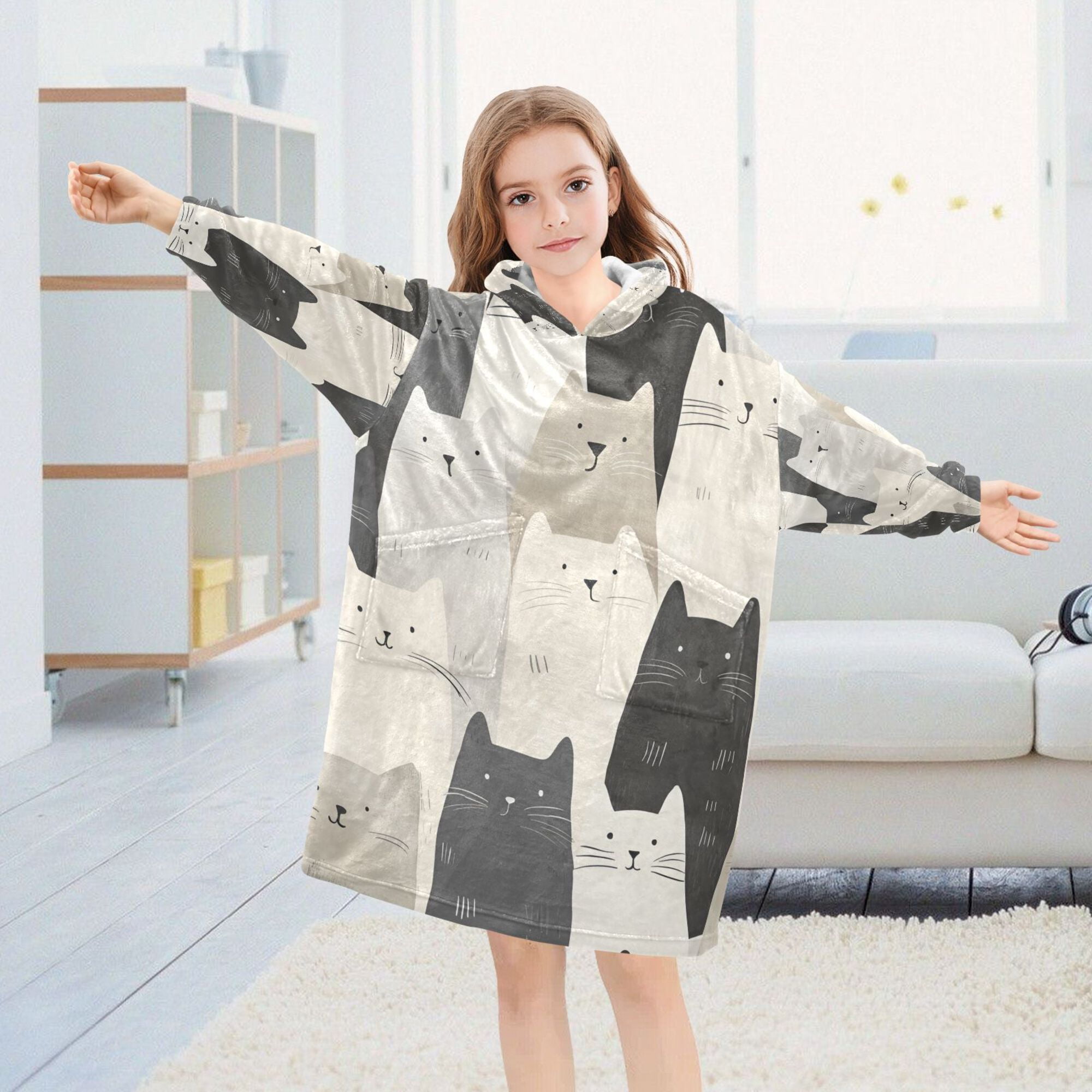 FORMRS Wearable Blanket Hoodie with Sleeves for Kids Cozy Flannel Sweatshirt, White Cute Cats