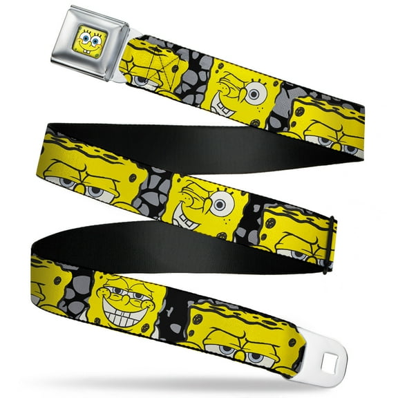 Nickelodeon Belt, Seatbelt Buckle Belt, SpongeBob Close Up Expressions Crackle Black Gray Yellow, 30 to 44 Inches