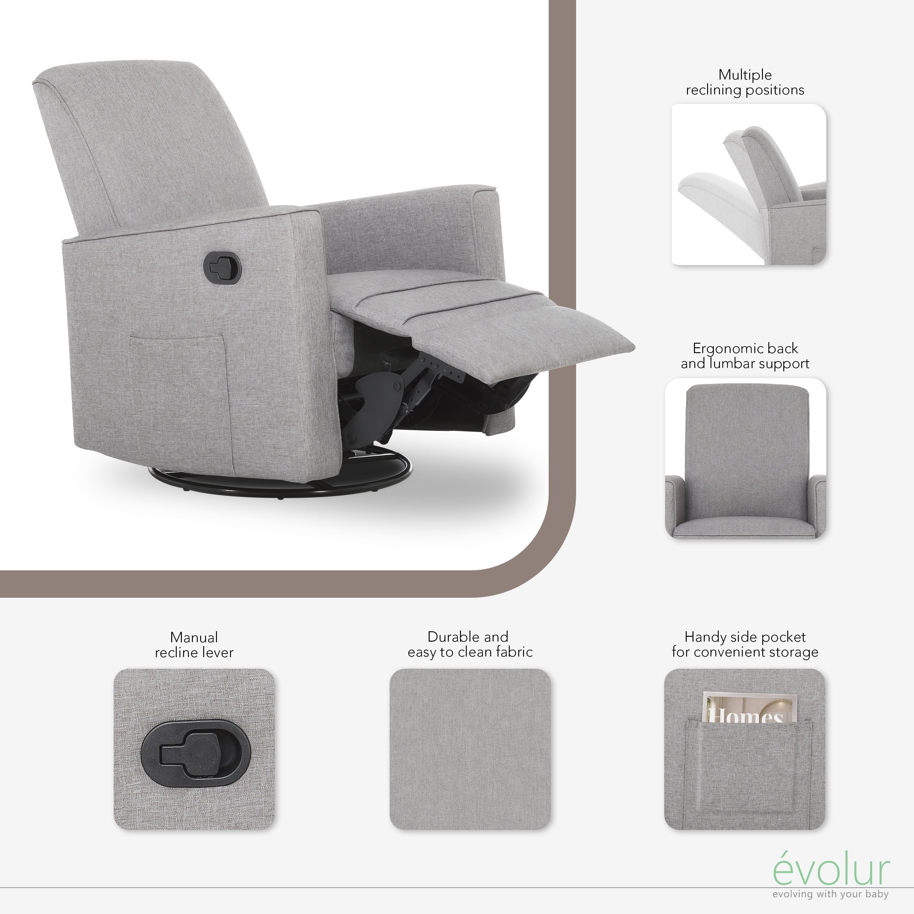 Evolur Raleigh Nursery Glider Recliner and Rocking Chair in Light Gray, 360° Swivel Motion, Multiple Recline Positions, Easy to Clean, FSC and Greenguard Gold Certified