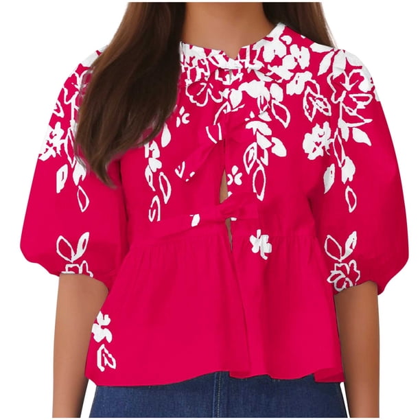 Camisetas de Manga Corta para las Mujeres Lanterna Manga Corbata Plisado Cuello Redondo, Casual Recortado Camiseta Top para Gimnasio Y Diario