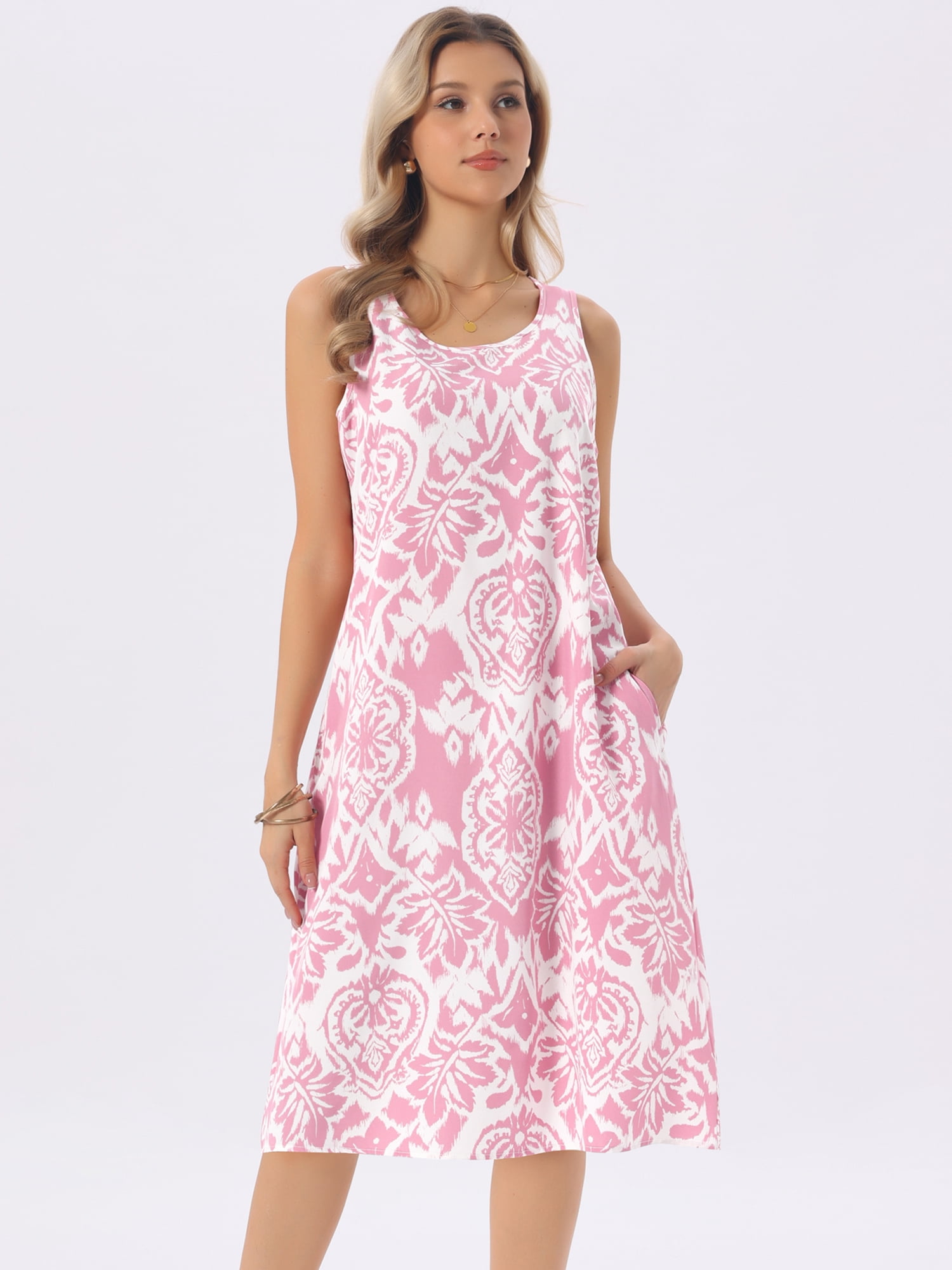 DARING DIVA Sleeveless Crewneck Print Midi Tank Dress Large Dusty Pink
