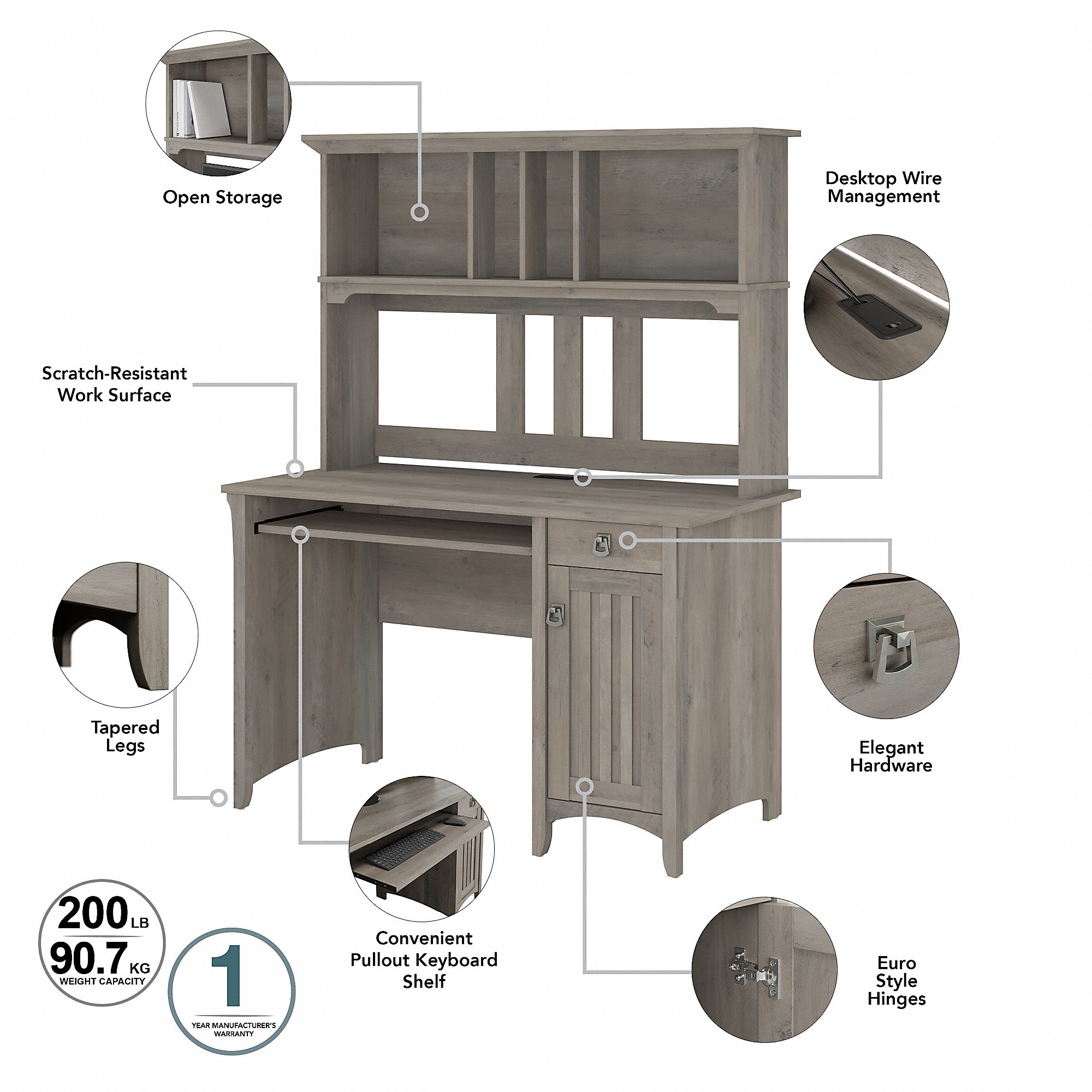 Bush Furniture Salinas 48” Computer Desk & Hutch with Storage, Driftwood Gray - image 3 of 8