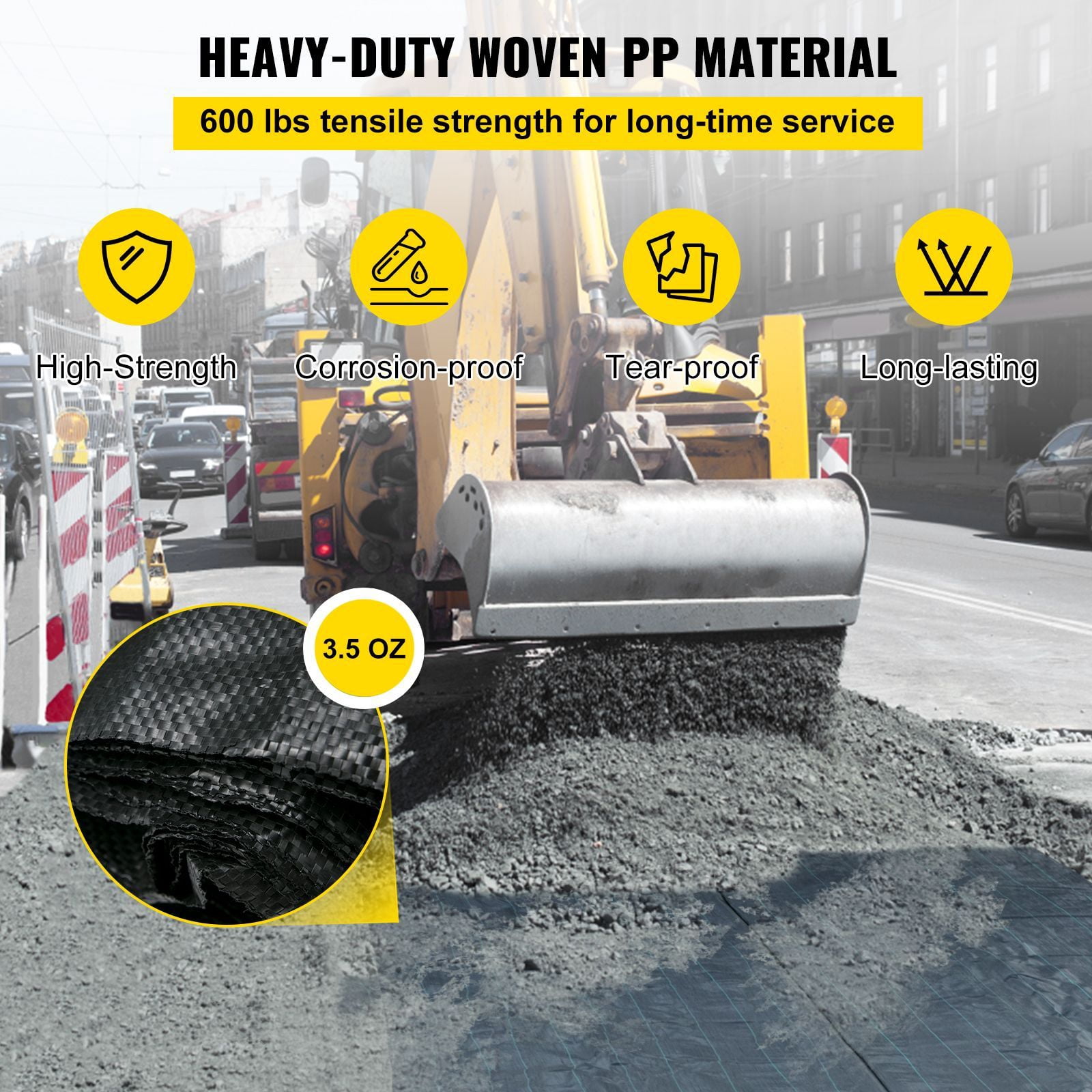 12.5 x 50 ft 3.5oz Woven PP Driveway Drain Cloth with 600lbs Tensile Strength, Heavy Duty Underlayment for Soil Stabilization, Landscaping, Weed Barrier, 12.5FT50FT-3.5OZ