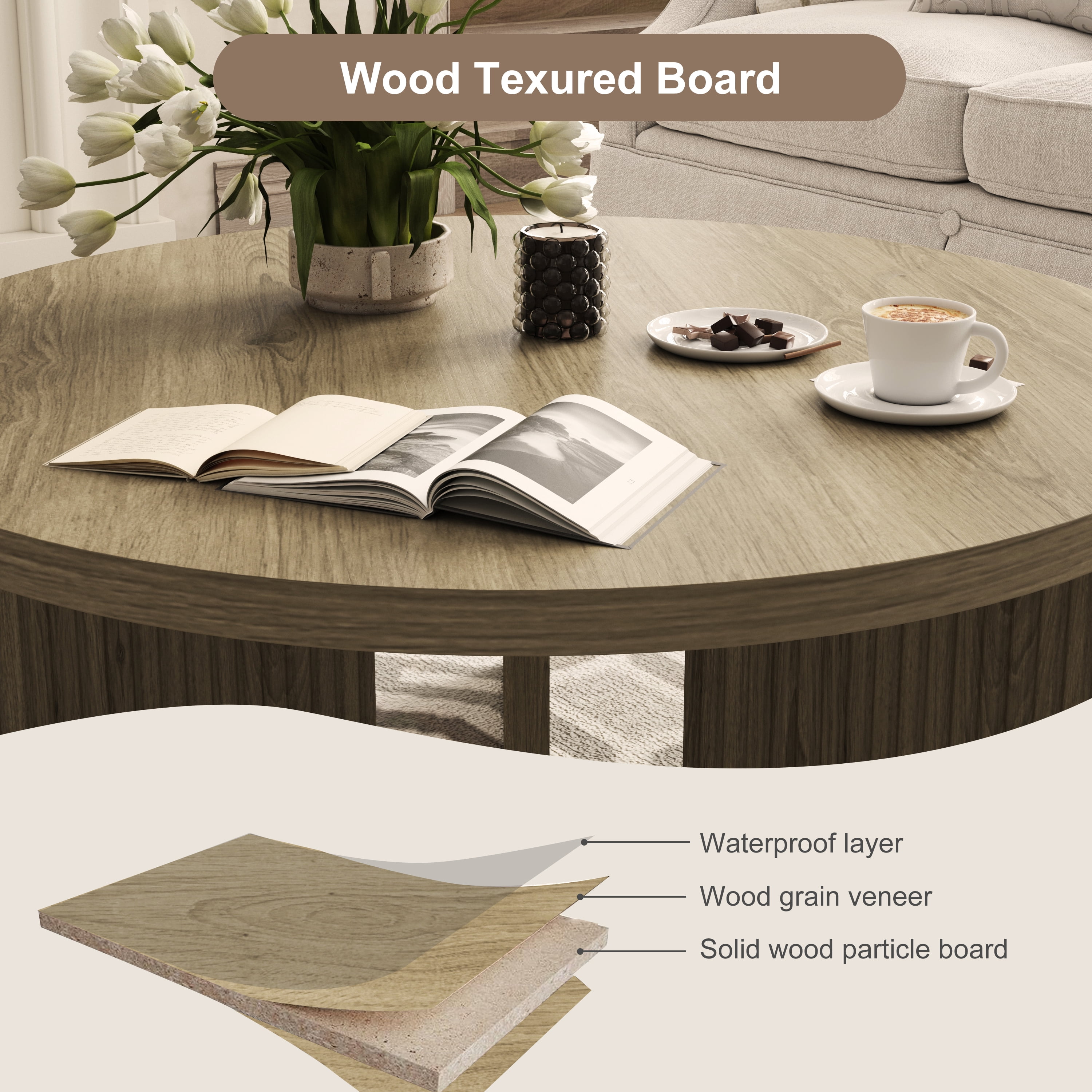 Noodeniya 35" Round Coffee Tables, Accent Tea Tables for Living Room, Grey