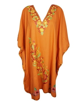 Mogul Womens Floral Caftan Dress Kimono Sleeves Embellished Kaftan One Size