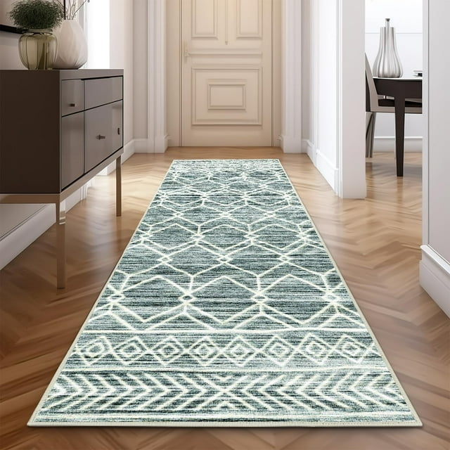 Runner Rug jinchan marroquí moderno geométrico 90x210 cm azul verdoso