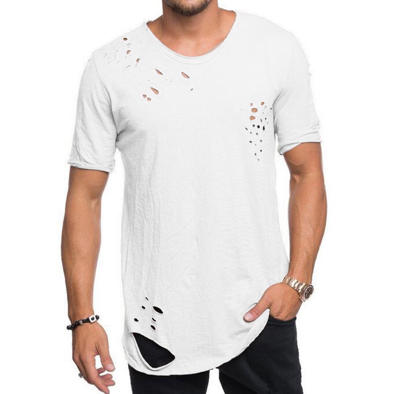 YLSDY Mens Holes Ripped Shirts Trendy Workout Elegant Solid Color Basic Tees  Short Sleeve Blouse Hip Hop Crew Neck Summer Tops Regular Fit Outdoor Sport  T-Shirts Fashion White XL - Walmart.com