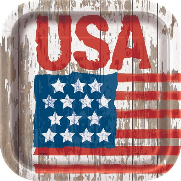 Square Vintage American Flag Paper Plates, 9 in, 8ct