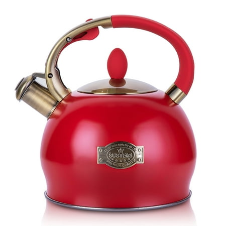 

SUSTEAS Stove Top Whistling Tea Kettle-Surgical Stainless Steel Teakettle Teapot with Cool Toch Ergonomic Handle 1 Free Silicone Pinch Mitt Included 2.64 Quart(RED)