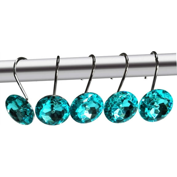 Decorative Shower Curtain Hooks, Acrylic Crystal Rhinestones, Set of 12 (Teal)