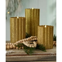 Seasonal LLC Sutton Fluted Flameless LED Pillar Candle 4 x 10 | 3D Moving Flame | Adjustable Brightness | Battery Operated | Flickering Flame | Real Wax Body, Gold