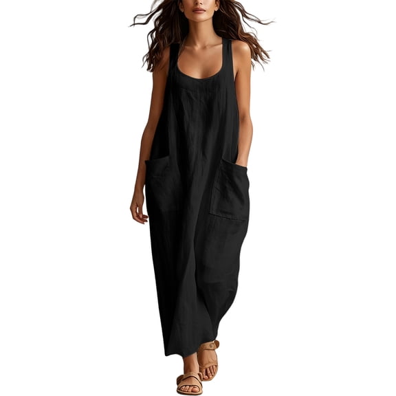 PRINxy Women's Sleeveless U Neck Linen Maxi Dress with Pockets Boho Flowy Long Dress for Summer Beach Vacation Daily Casual Wear Black XXXL