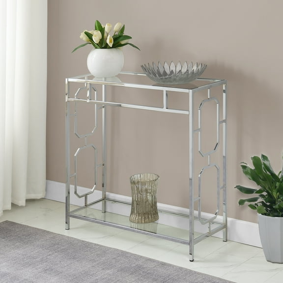 Convenience Concepts Omega Chrome Glass Hall Table with Shelf in Glass & Chrome Frame