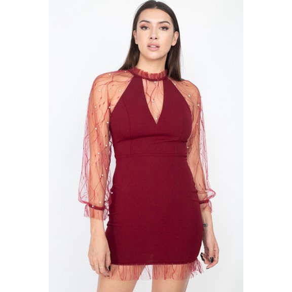 Pearl Trim Mesh Bodycon Dress S