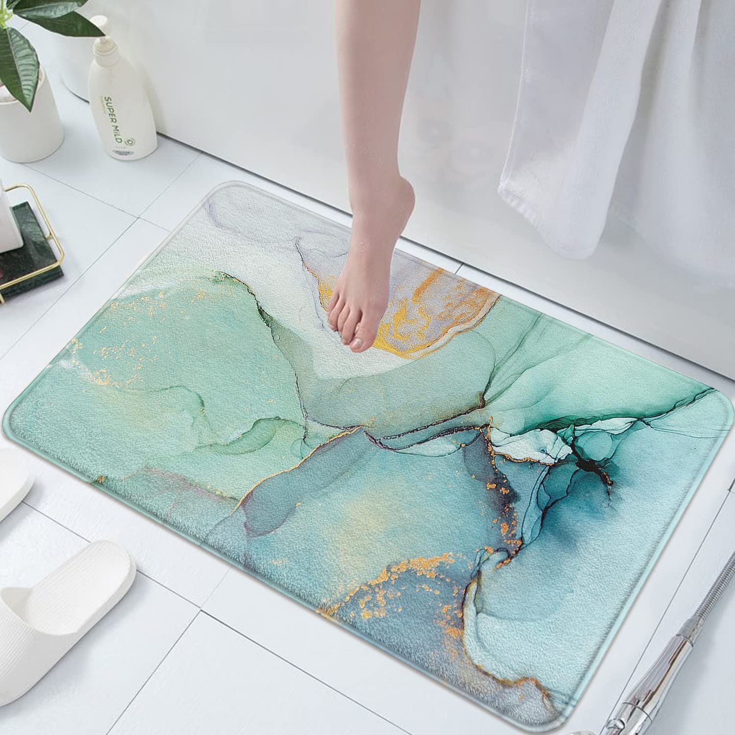 Marble DecorTeal Marble Imitation Cashmere Bath Mat RugRubber Non