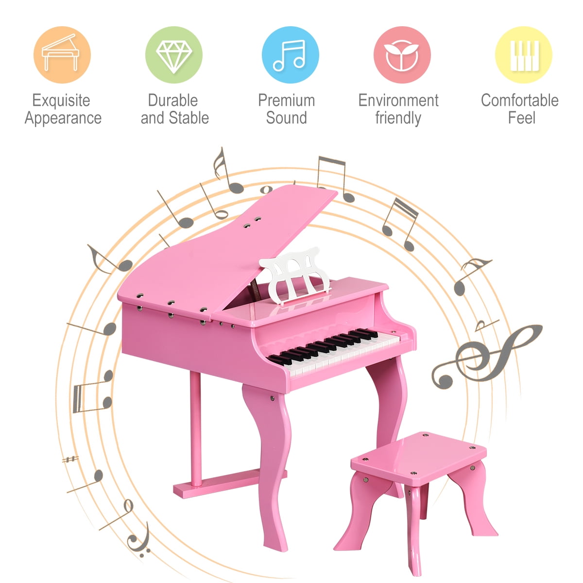 30 Key Pink Kids Mini Baby Grand Piano Bench Seat Sheet Music Rack Set Stand New 