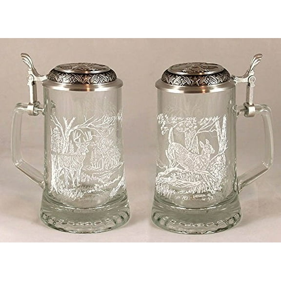 JAMES MEGER GLASS WHITE TAIL DEER STEIN, Etched German Glass Beer Stein w/ Pewter Lid, Made in Germany