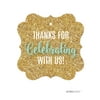 Signature Light Aqua, White, Gold Glittering Party, Fancy Frame Gift Tags, Thanks for Celebrating With Us! 24-Pack