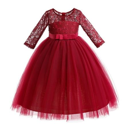

XIEULQP Baby Girl Clothes Flower Girl Dress Long Sleeves Lace Top Tulle Skirt Girls Lace Party Dresses Summer Dress Red