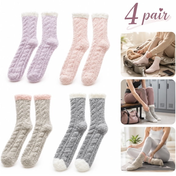 4 Pairs Womens Winter Slipper Socks Non-Slip Grip Socks Warm Fleece Socks Non Skid Socks Warm Sleep Soft Fluffy Socks Christmas Socks（purple/pink/coffee/grey）